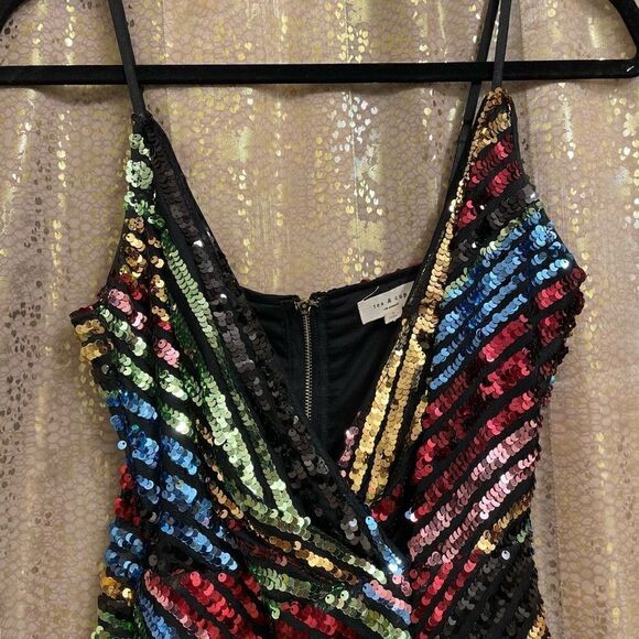 Tea & Cup Multi Sequin Rainbow Striped Sleeveless Midi Dress, Small NWOT - Picture 3 of 10